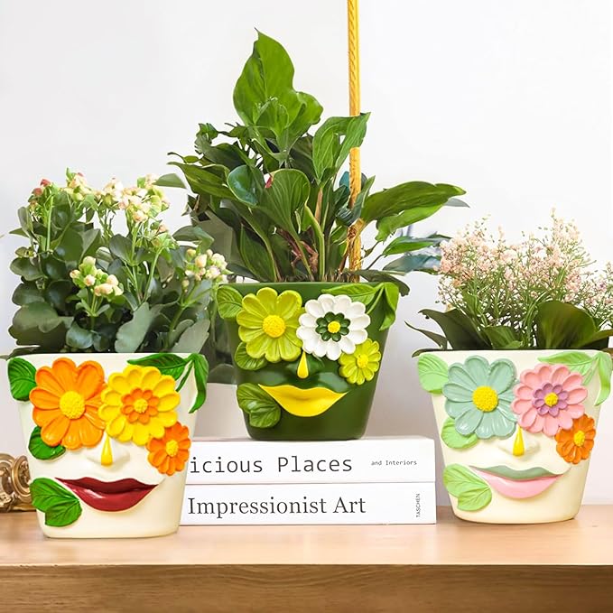 GUGUGO 8 Inch Large Flower Face Planters, Abstract Unique Head Plant Pot with Drainage, Rainbow Colorful Cute Flower Plant Pots for Indoor Plants, Funny Gardening Pot Gift Home Décor, Green&White