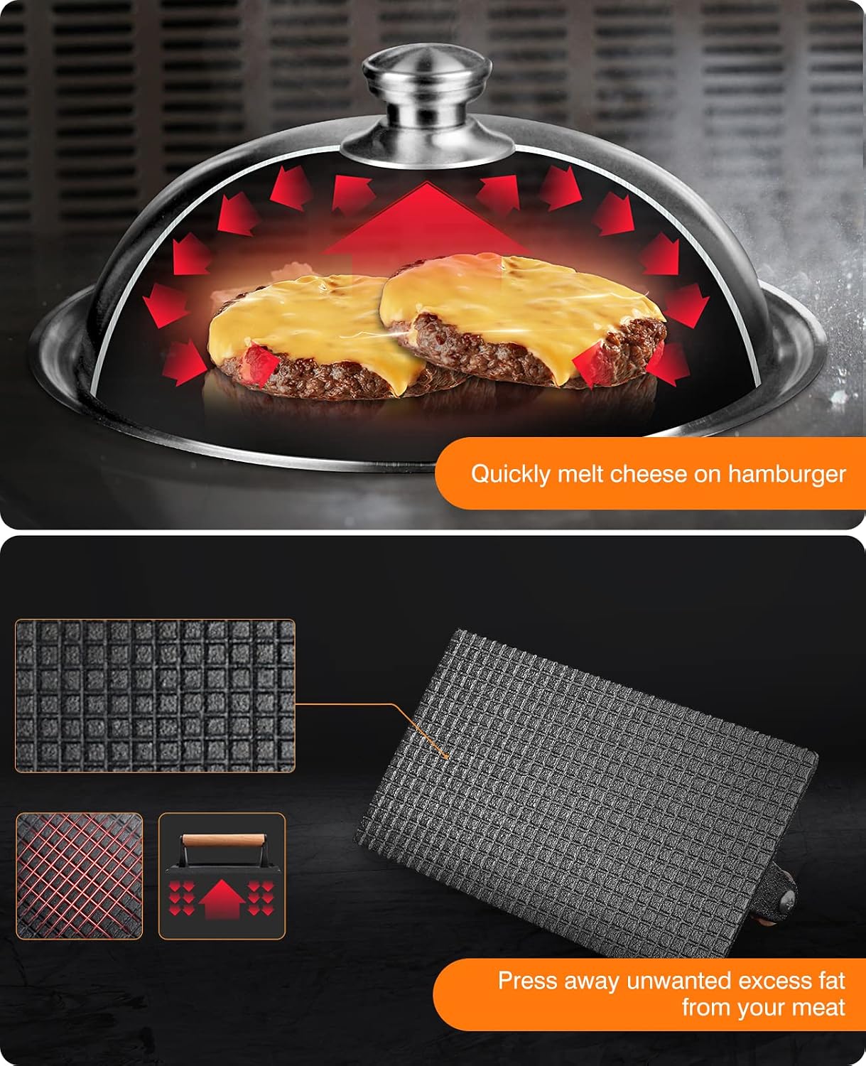 Griddle Accessories Kit for Blackstone with Dome and Burger Press | Includes a 12.5 inch 304 stainless steel dome and rectangular cast iron press for burgers, bacon, steaks, and vegetables.