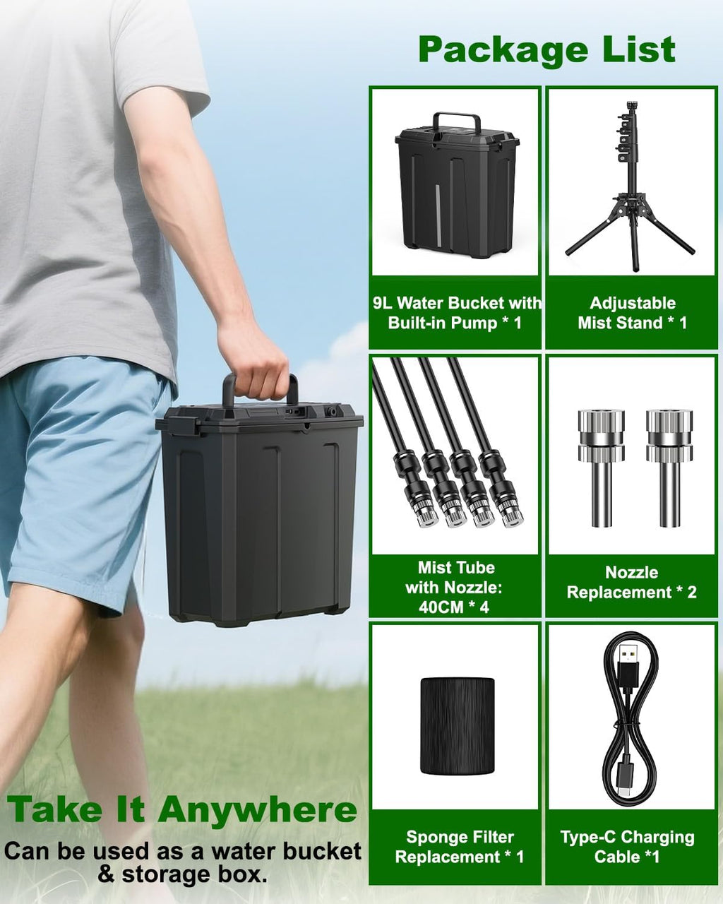 ausic portable misting system with stand, water cooling, package contents