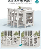 SERWALL Outdoor Bar Table and Chairs Set, 5-Piece HDPE Counter Height Patio Dining Sets with Storage and Wine Rack, Rectangular High Top Bar Table with 4 Bar Stools for Garden, Backyard, White