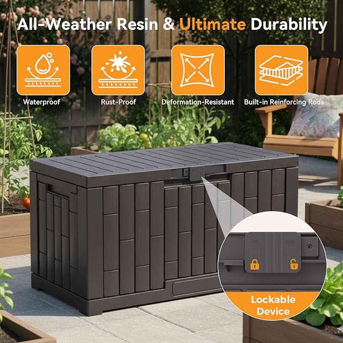 NEWBULIG 60 Gallon Deck Box, Waterproof Outdoor Storage Box with Lockable Lid, Patio Furniture Bench & Side Table, Outside Storage Container, Tool-Free Assembly, for Garden, Pool, Brown