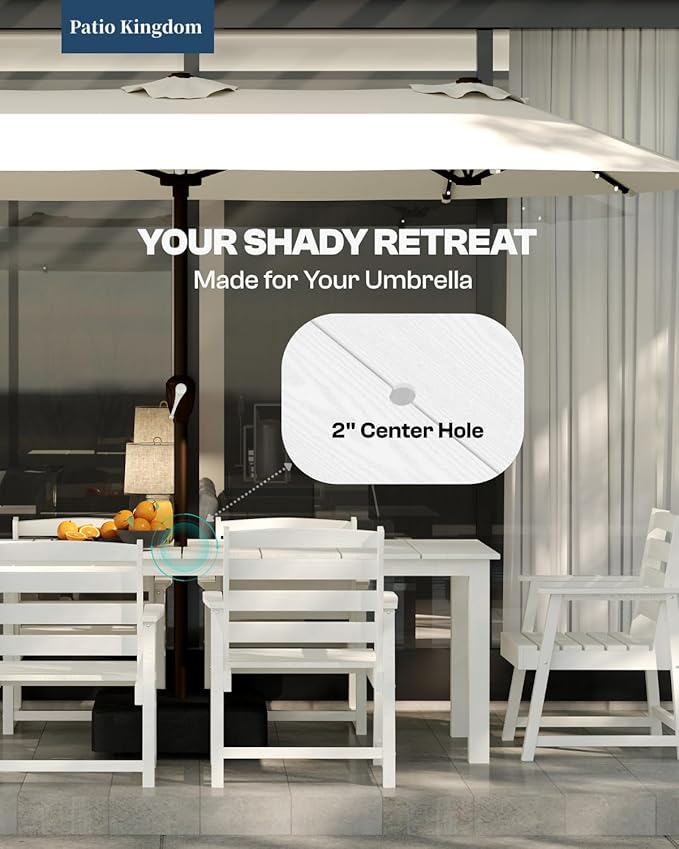 9-Piece White Outdoor Dining Set with White 15FT Large Patio Umbrella, 75.2'' HDPE Table & Chairs for 8, Weather-Resistant Furniture with Umbrella Hole for Patio, Lawn, Poolside