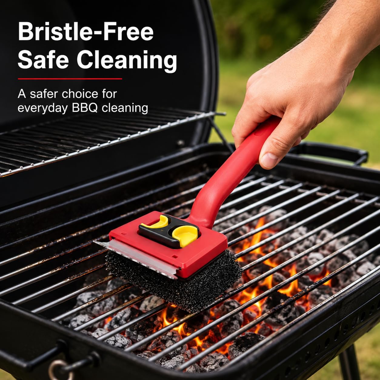 Bristle-Free BBQ Grill Brush for Outdoor Grill, Steam Grill Cleaner with Scraper & 2 Detachable Scrub Heads for Gas, Charcoal, Porcelain, Cast Iron Grates