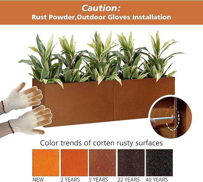 Corten Steel Corner Metal Planter Box L32 x W12 x D16 Garden Steel Planter Pot for Patio Modern Farmhouse Rustic Design (L32 x W12 x D16, Rusted)
