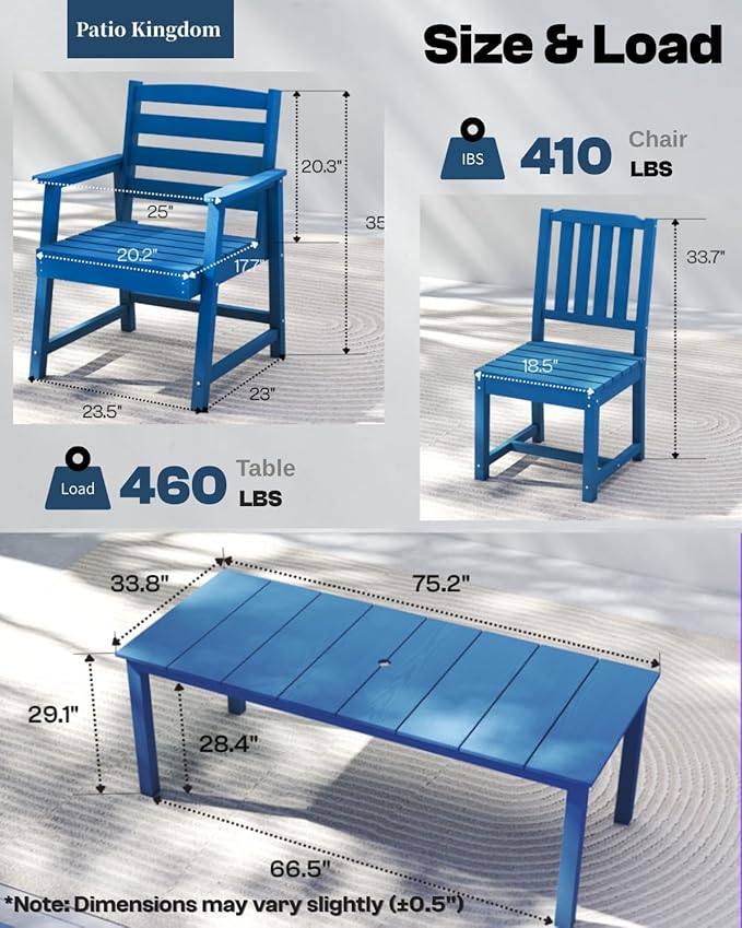 5-Piece Blue Outdoor Dining Set with White 15FT Large Patio Umbrella, 75.2'' HDPE Table & Chairs for 8, Weather-Resistant Furniture with Umbrella Hole for Patio, Lawn, Poolside
