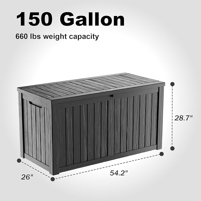 150 Gallon Resin Deck Box, Lockable Patio Outdoor Storage Box for Furniture, Garden Tools and Tools Storage, Waterproof Outside Storage Boxes - Black