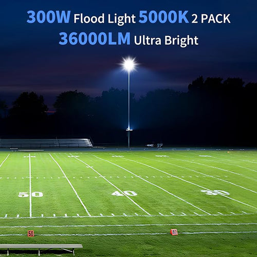 300W LED Flood Light Outdoor with Plug, 36000LM Ultra Brighter Security Light, IP66 Waterproof Exterior Plug in Floodlight, 5000K Daylight White for Lawn Yard Garden Stadium(2 Pack)
