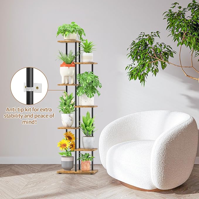 LASZOLA Black 6 Tier Wood Tall Plant Stand Indoor with Grow Lights, Large Heavy Duty Vertical Corner Rack for Multiple Planter, Sturdy Metal Rustic High Flower Shelf Holder Organizer for House Patio