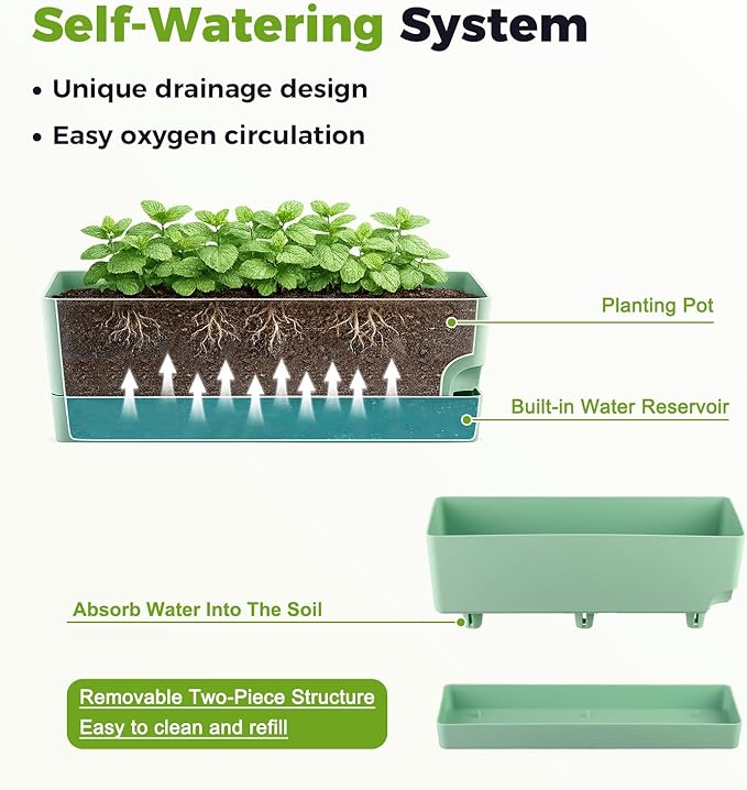 4 Pack Self Watering Pots for Indoor Plants 17 Inches Window Boxes Planters Rectangular Flower Pots Rectangle Herb Pots Large Plant Pots with Drainage Holes and Saucers Windowsill Planter, Green