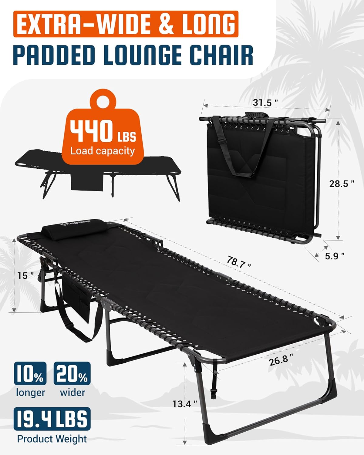 KingCamp Oversized Tanning Chair Padded Lounge Chair, Black | Extra-Wide Padded, Folding Chase Lounge, Portable Adjustable 5-Position, 440lbs Heavy Duty