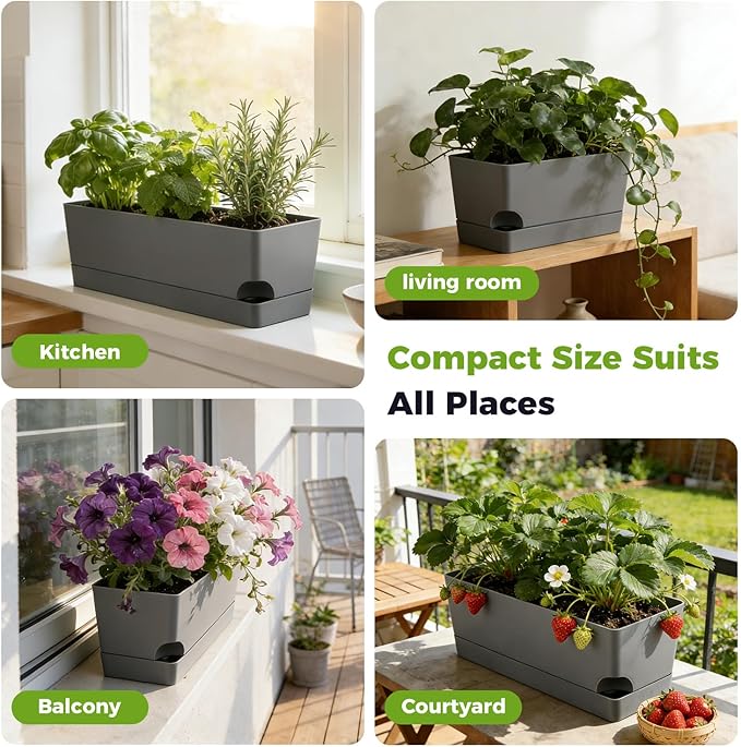 2 Pack Rectangle Self Watering Pots for Indoor Plants 17 Inches Window Boxes Planters Rectangular Flower Pots Herb Large Plant Pots with Drainage Holes and Saucers Windowsill Planter, Grey