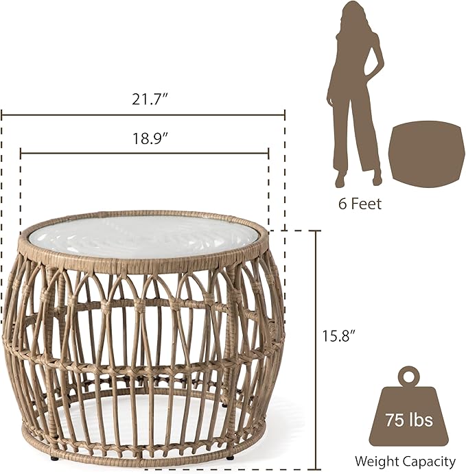 Furniture of America Ysar Boho Rattan Round Coffee Table Outdoor with 5mm Tempered Glass Top, All-Weather and Rust Resistant Patio Furniture