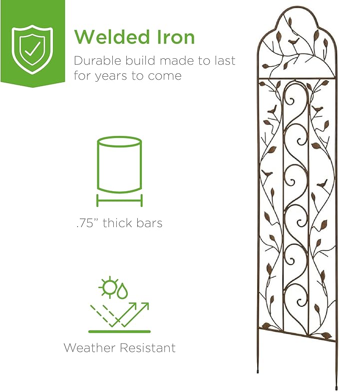 Best Choice Products 60x15in Iron Garden Trellis, Arched Outdoor Decoration w/Branches, Birds for Lawn, Garden, Backyard, Climbing Plants - Bronze