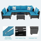 Outdoor Wicker Patio Furniture Set, Rattan Sectional Sofa Set with Thick Cushions (Brown/Peacock Blue, 7 Piece Sofa Set)