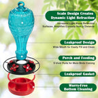 Blown Glass Hummingbird Feeder, Blue, 20 oz | Hand-blown glass hummingbird feeder for outdoor hanging, hot air balloon design, leak-proof seal, ant moat, garden decor