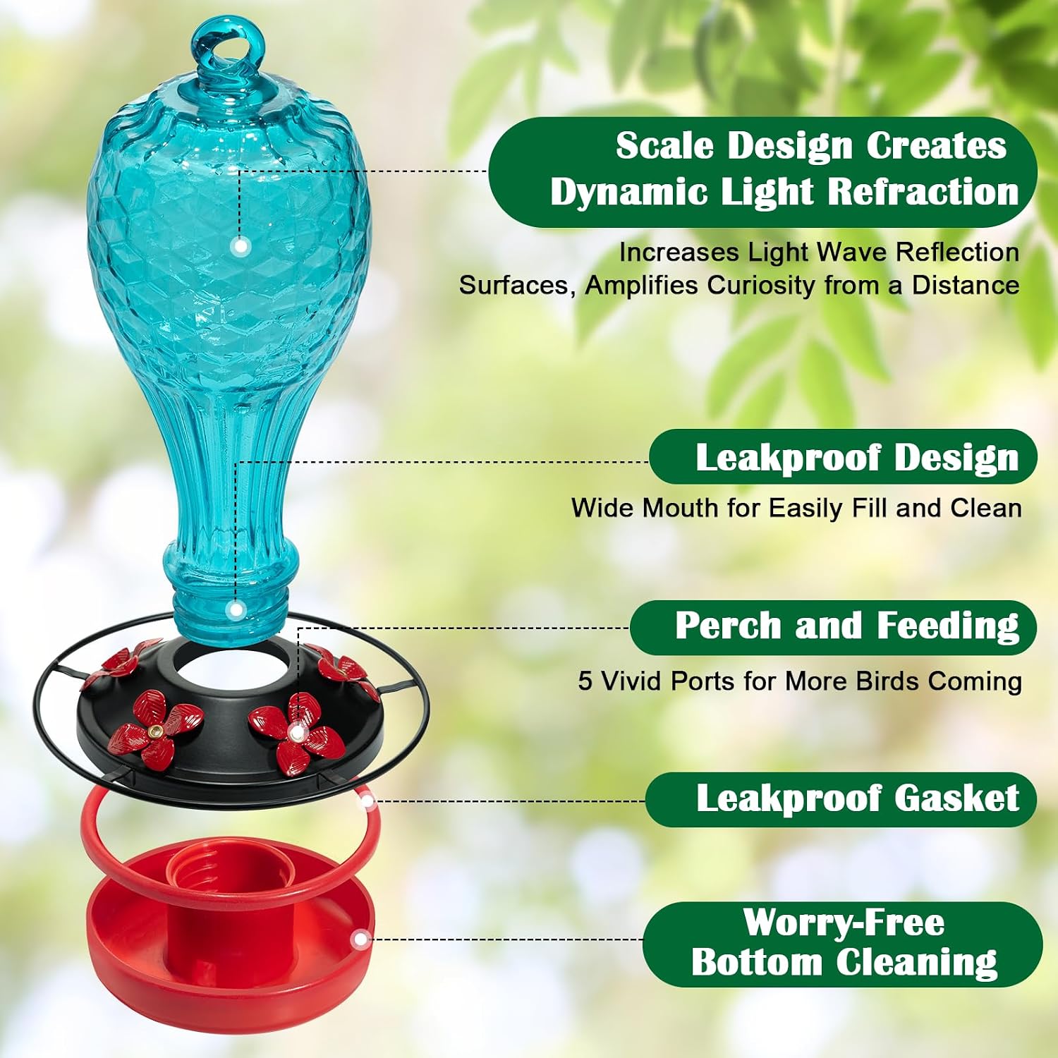 Blown Glass Hummingbird Feeder, Blue, 20 oz | Hand-blown glass hummingbird feeder for outdoor hanging, hot air balloon design, leak-proof seal, ant moat, garden decor