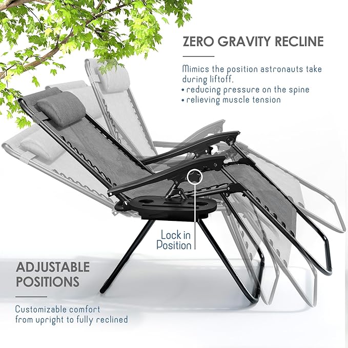 Nestl Zero Gravity Chairs Set of 2, Patio Lounge Chair Outdoor with Pillows & Cup Holder Trays, Adjustable Steel Mesh Reclining Camping Chair, Folding Patio Lawn Chair for Deck, Beach, Yard - Grey