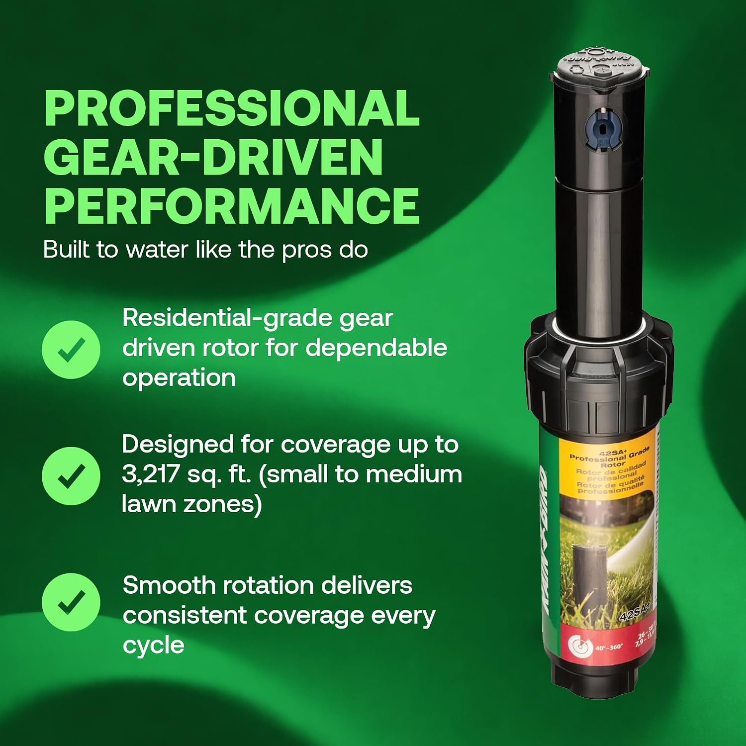 Rain Bird 42SA+ Heavy Duty Simple Adjust Gear Driven Rotor Sprinkler Head, 2 Pack - 3/4 inch Inlet - Water Efficient 4 inch Pop Up Lawn Sprinkler, Adjustable 40-360 Degree Arc and 26-38 ft Radius | Heavy Duty 3/4 inch Inlet - Water Efficient 4 inch Pop