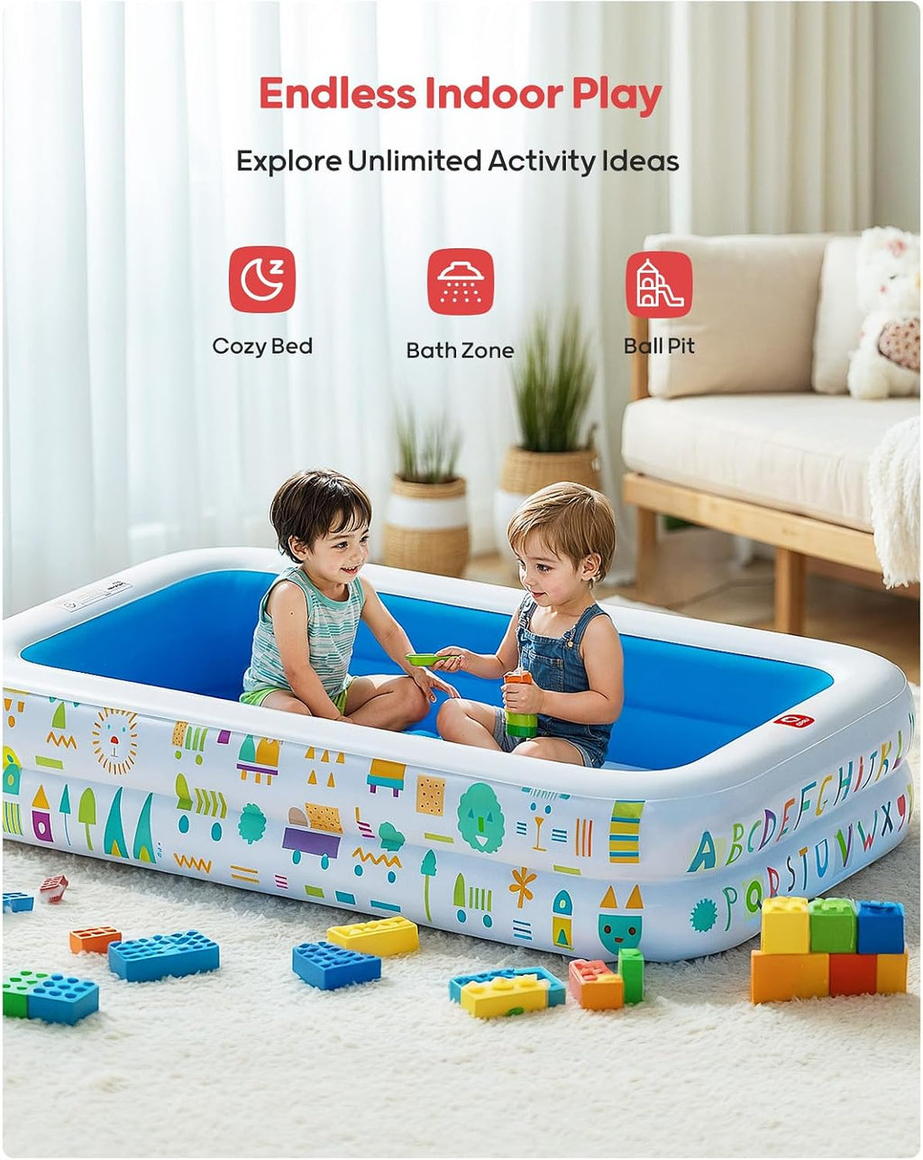 QPAU Baby Pool with Canopy, Inflatable Design, 65 x 39 in, Blue | Inflatable Design with Soft Cushioned Floor, Converts to a Ball Pit for Kids and Toddlers, for Indoor and Backyard Play