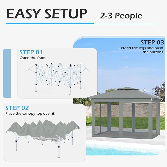 ECOTOUGE 11FT Pop Up Gazebo, Canopy Tent with Mosquito Netting,Instant Shelte Gazebo w/Carrying Roller Bag Waterproof and UV Resistant Canopy Tent for Grill, Garden and Backyard(Dark Grey)