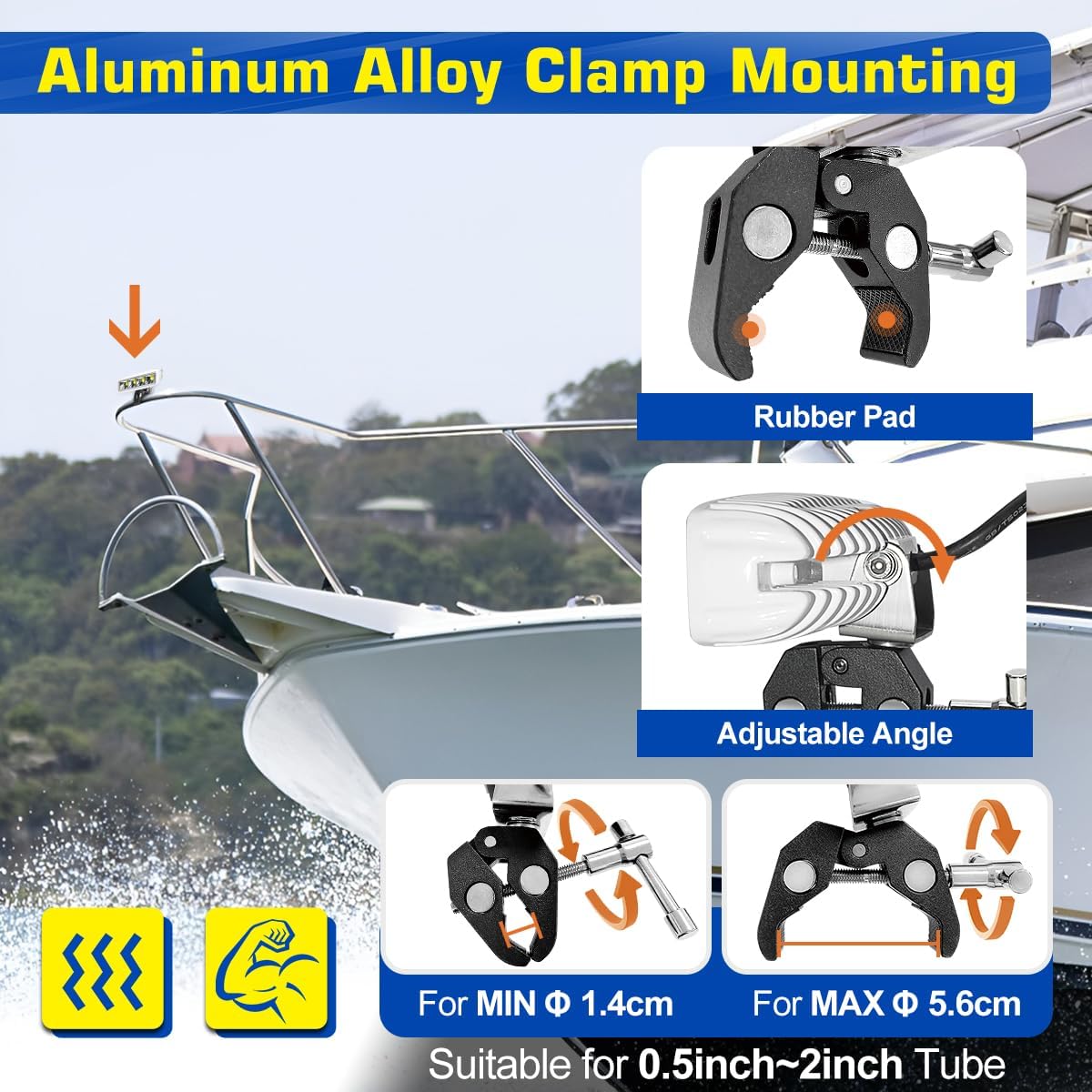 wfpower clamp on boat spotlights, flexible led spreader, side view
