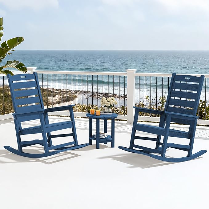 SERWALL Outdoor Rocking Chair Set of 4, Oversized HDPE Patio Rocking Chair with Footrest for Adults, All Weather Porch Rocker for Deck Patio Balcony, Navy