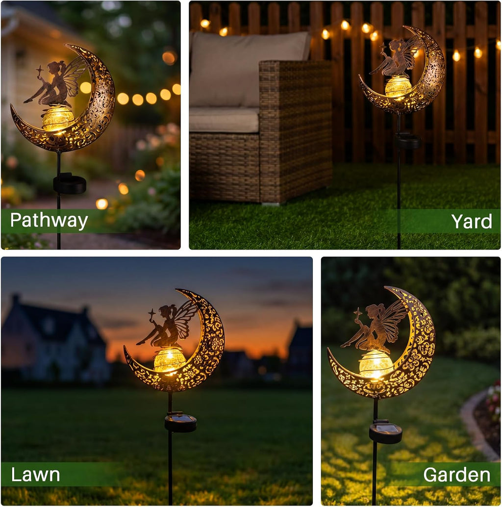 MEBRUDY Fairy Solar Garden Outdoor Decor, Moon Figurine Light Stake Housewarming Ornament for Patio, Lawn, Yard, Pathway, Unique Gift Ideas for Gardening, Mom, Grandma, Women