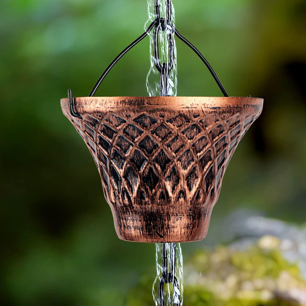rain chains for gutters outside copper rain chain, front angle view