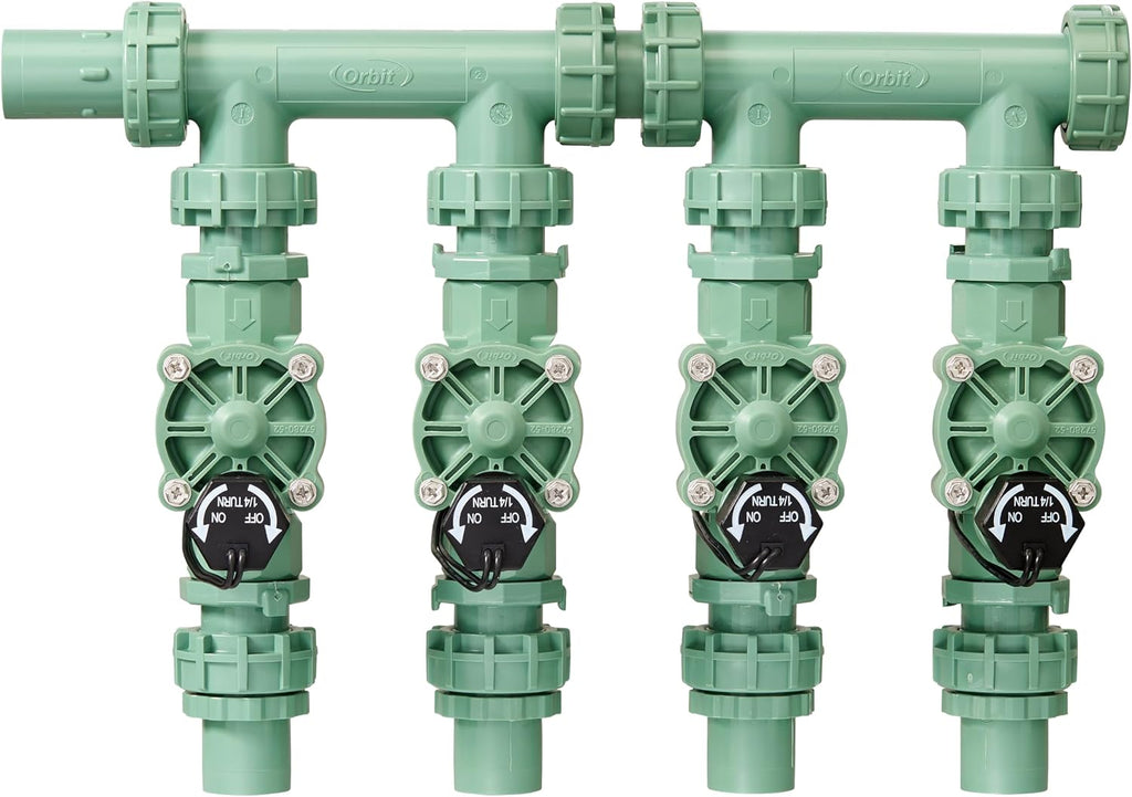 Orbit 57257 4-Valve Preassembled Sprinkler Manifold – Easy Install, Smart Controller Compatible, Works with PVC & Poly Pipe, Includes 4 in-Line Valves