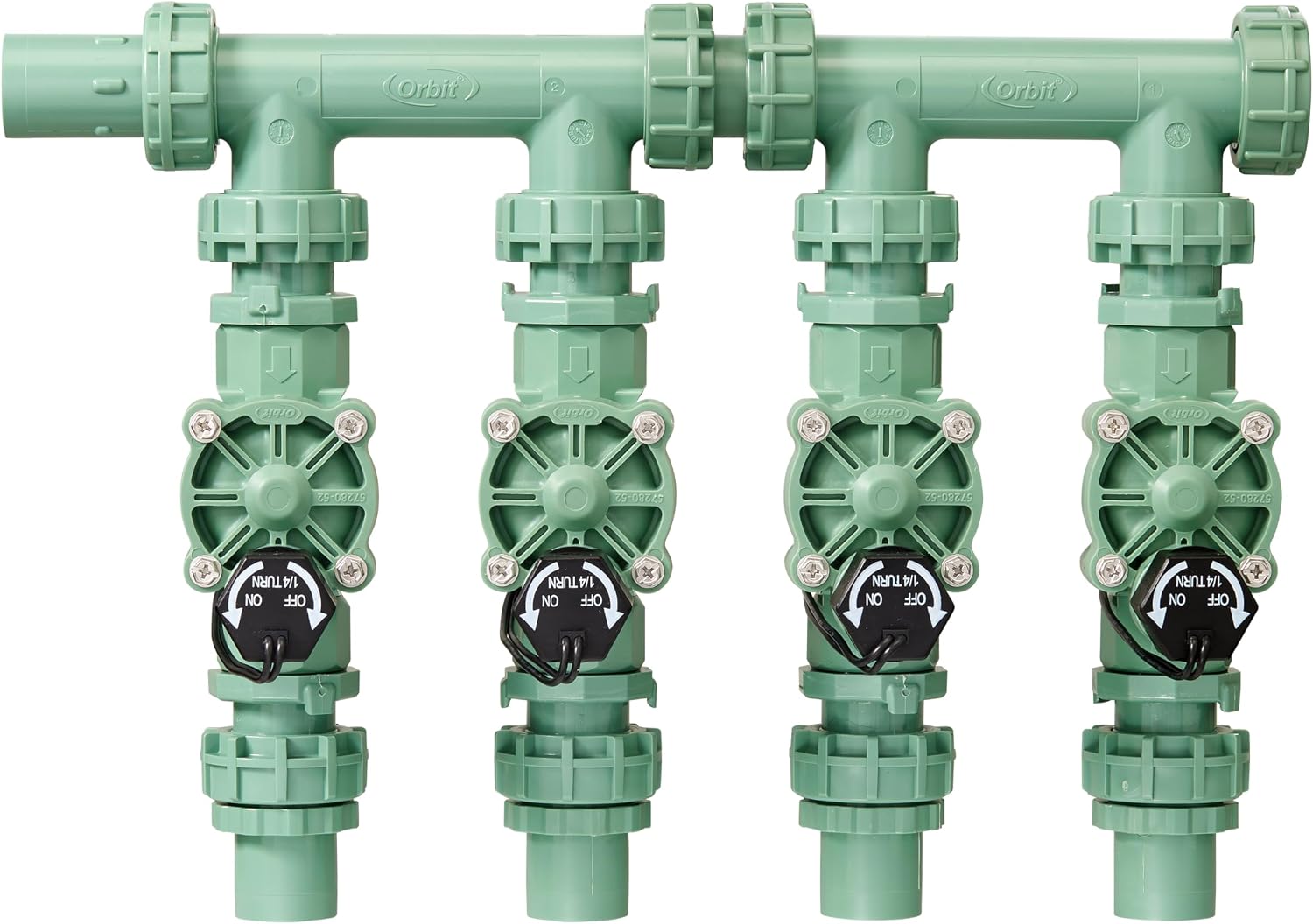 Orbit 57257 4-Valve Preassembled Sprinkler Manifold – Easy Install, Smart Controller Compatible, Works with PVC & Poly Pipe, Includes 4 in-Line Valves