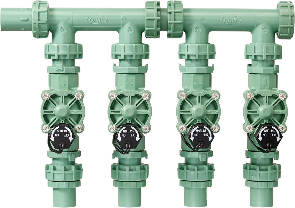 Orbit 57257 4-Valve Preassembled Sprinkler Manifold – Easy Install, Smart Controller Compatible, Works with PVC & Poly Pipe, Includes 4 in-Line Valves
