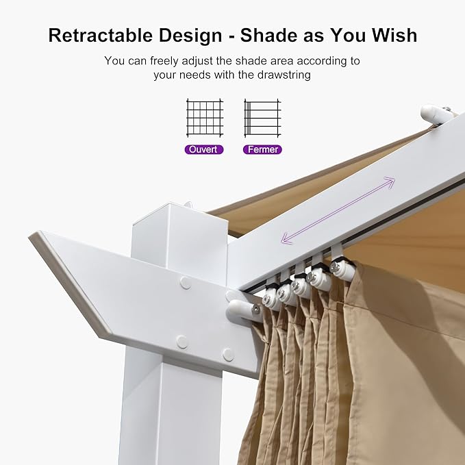PURPLE LEAF 10' x 10' Outdoor Aluminum Pergola White Heavy-Duty Retractable Pergola Patio Metal with Double Sun Shade Canopy and Light for Backyard Gardens Deck, Khaki