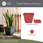 The HC Companies 12 Inch Eclipse Square Planter Pots with Drainage Holes & Attached Saucer, Lightweight UV-Resistant Plastic Indoor Outdoor Planters, 2-Pack Flower Pots for Garden & Home Decor, Rose