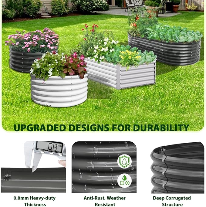 A ANLEOLIFE 4-Pack 6X3X2ft & 8X4X2ft Deep Root Galvanized Raised Garden Beds Outdoor for Planting Vegetables Flowers Herb, Quartz Grey