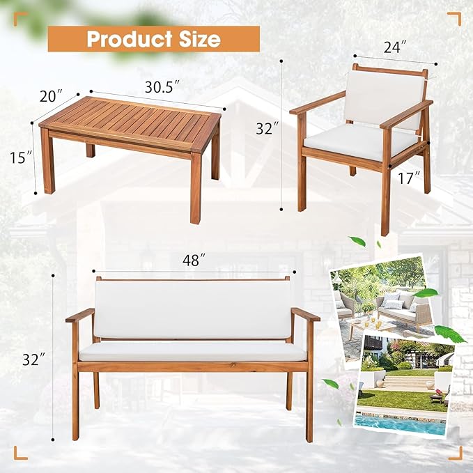 Devoko Patio Furniture 4 Piece Acacia Wood Outdoor Conversation Sofa Set with Table & Cushions Porch Chairs for Garden, Deck, Backyard, Natural