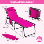 GYMAX Lounge Chairs for Outside, Extra High Folding Beach Tanning Lounger with 4-Level Adjustable Backrest, 2-Level Footrest & Removable Pillow, Sunbathing Lounge for Patio, Lawn, Poolside (1, Pink)