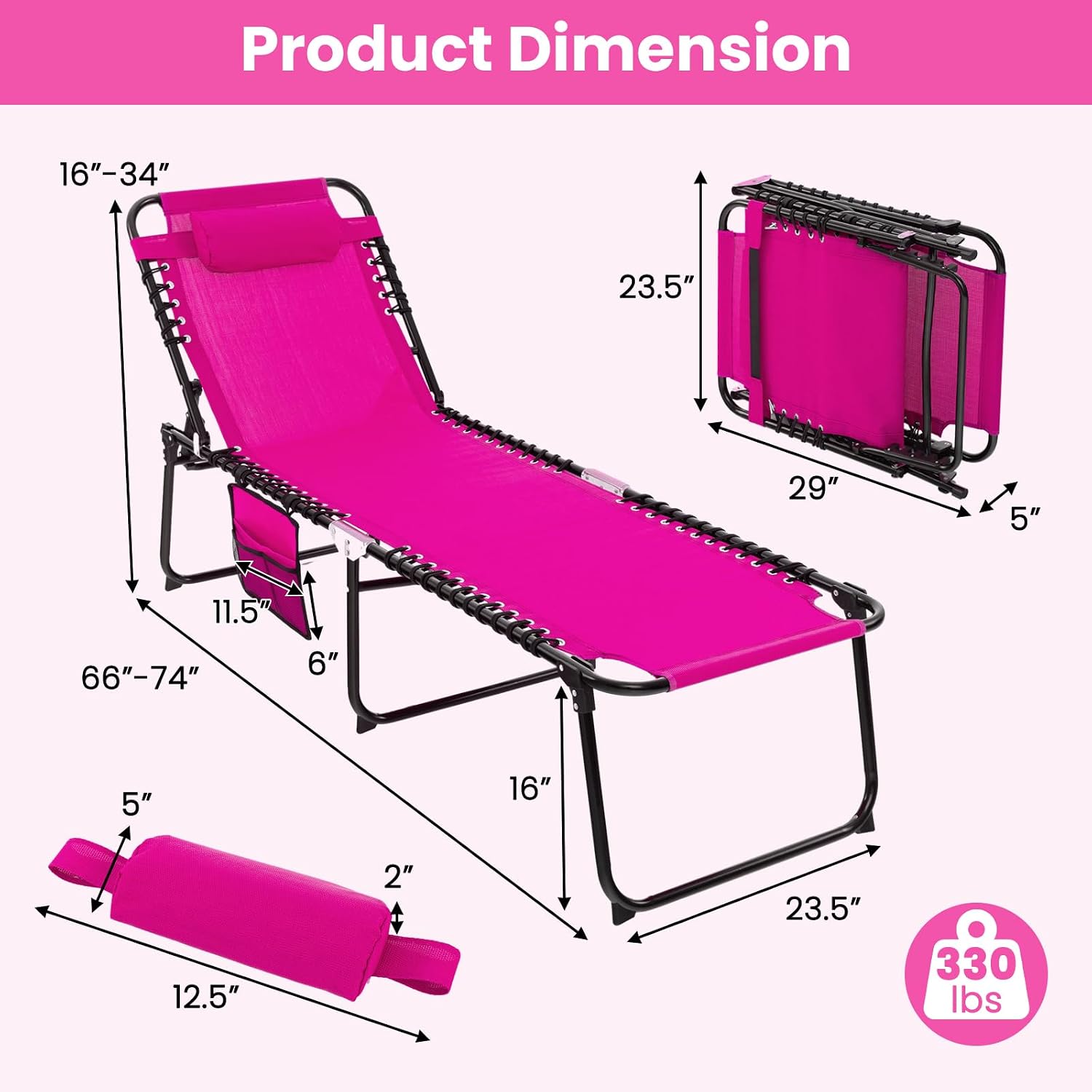 GYMAX Lounge Chairs for Outside, Extra High Folding Beach Tanning Lounger with 4-Level Adjustable Backrest, 2-Level Footrest & Removable Pillow, Sunbathing Lounge for Patio, Lawn, Poolside (1, Pink)