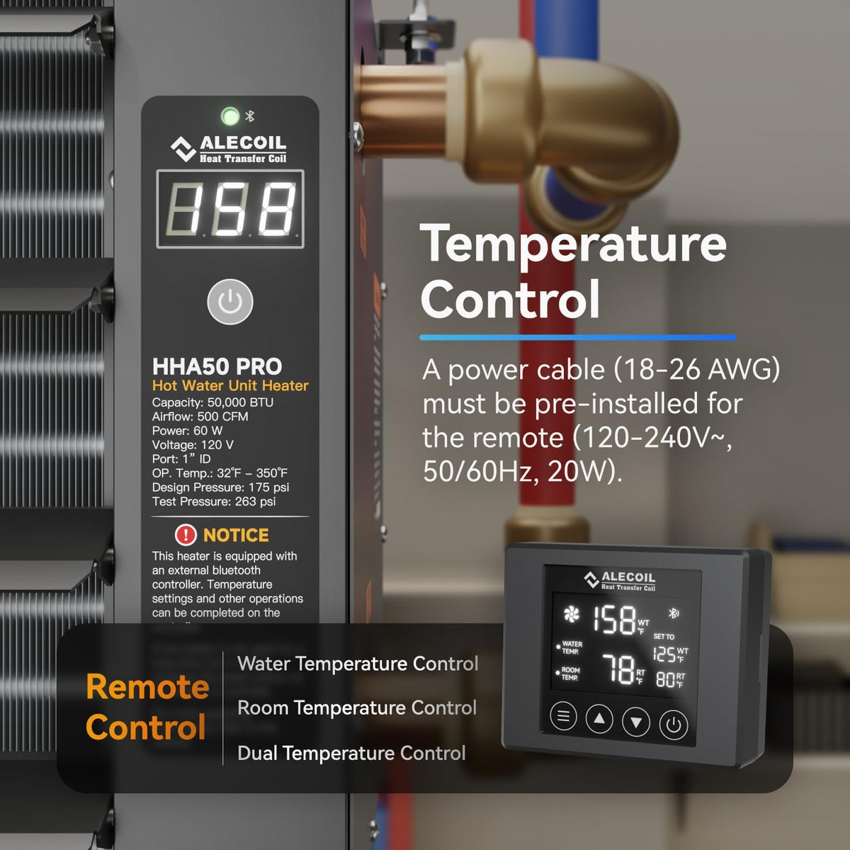 alecoil 50,000 btu hydronic hanging unit heater with, close-up detail