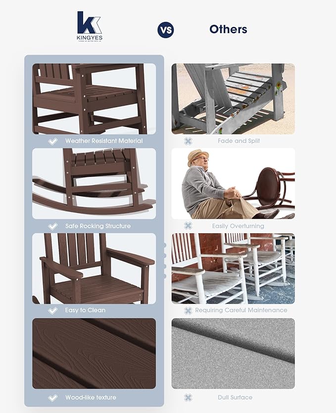 KINGYES HDPE Rocking Chairs Outdoor, Patio Rocking Chairs with 330lbs Support, Smooth Porch Rocker for Deck Lawn Yard, Coffee Brown