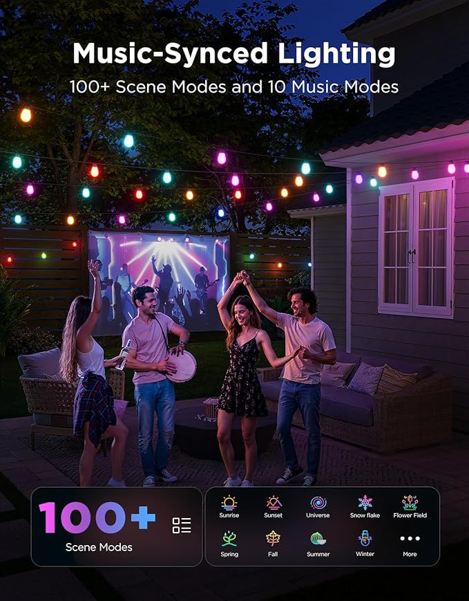 Govee S14 Bulb Outdoor String Lights 2, 144ft RGBIC Smart Warm White Outdoor Lights with 15 LED Bulbs, 111 Scene Modes for Outdoor Decor, IP66 Compatible with Alexa, Google, Matter, APP Control