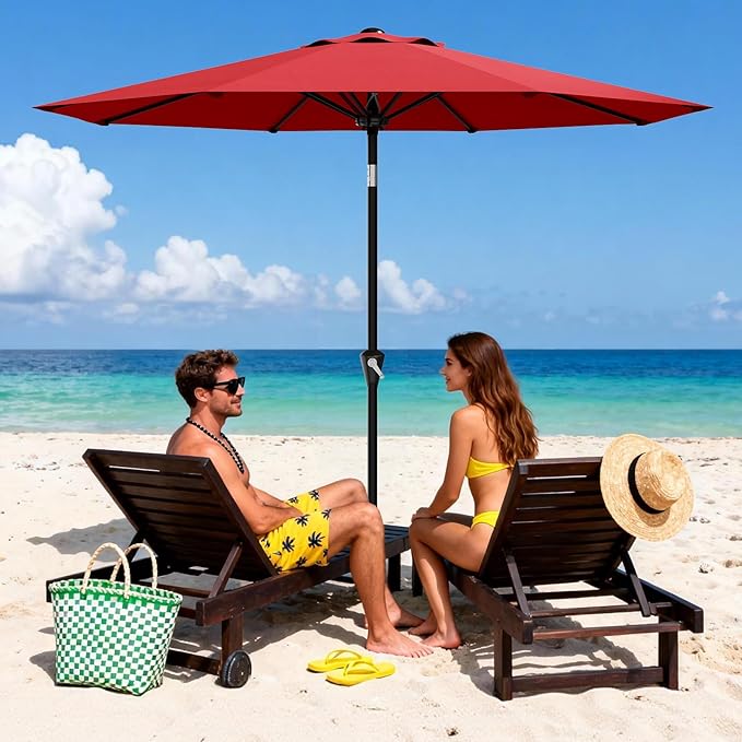 Garvee 9FT Patio Umbrella - Outdoor Table Umbrella with Smooth Crank Lift, Push Button Tilt and 8 Sturdy Ribs - Market Umbrella UV Protection Waterproof for Pool, Deck, Yard, Garden -Red