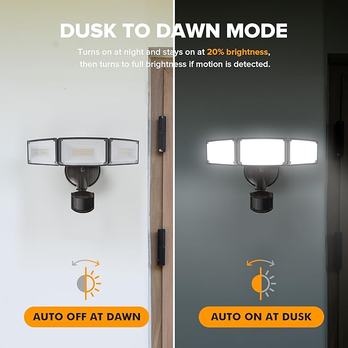 LUTEC 2 Pack 72W 7500LM LED Security Lights Motion Sensor Light Outdoor, 5000K Daylight, IP65 Waterproof, Dusk to Dawn, 3-Head Motion Detected Flood Light for Garage, Yard, Porch(Brown)