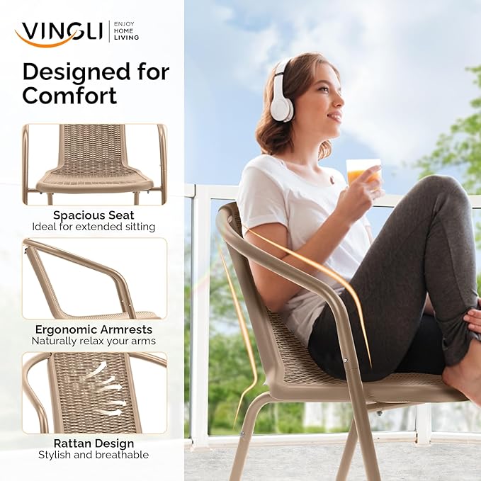 VINGLI PE Rattan Outdoor Dining Chairs Set of 4, Plastic Stackable Patio Chairs for Indoor, Porch, Restaurant, Garden,Champagne