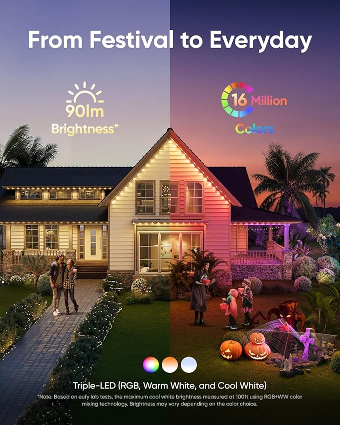 eufy Permanent Outdoor Lights E22, 100ft with 60 Triple-LED Lights, Smart RGBWW, Daily and Holiday, Up to IP67 Waterproof, AI Lighting Themes for Halloween, Christmas, Links with Cameras, Black