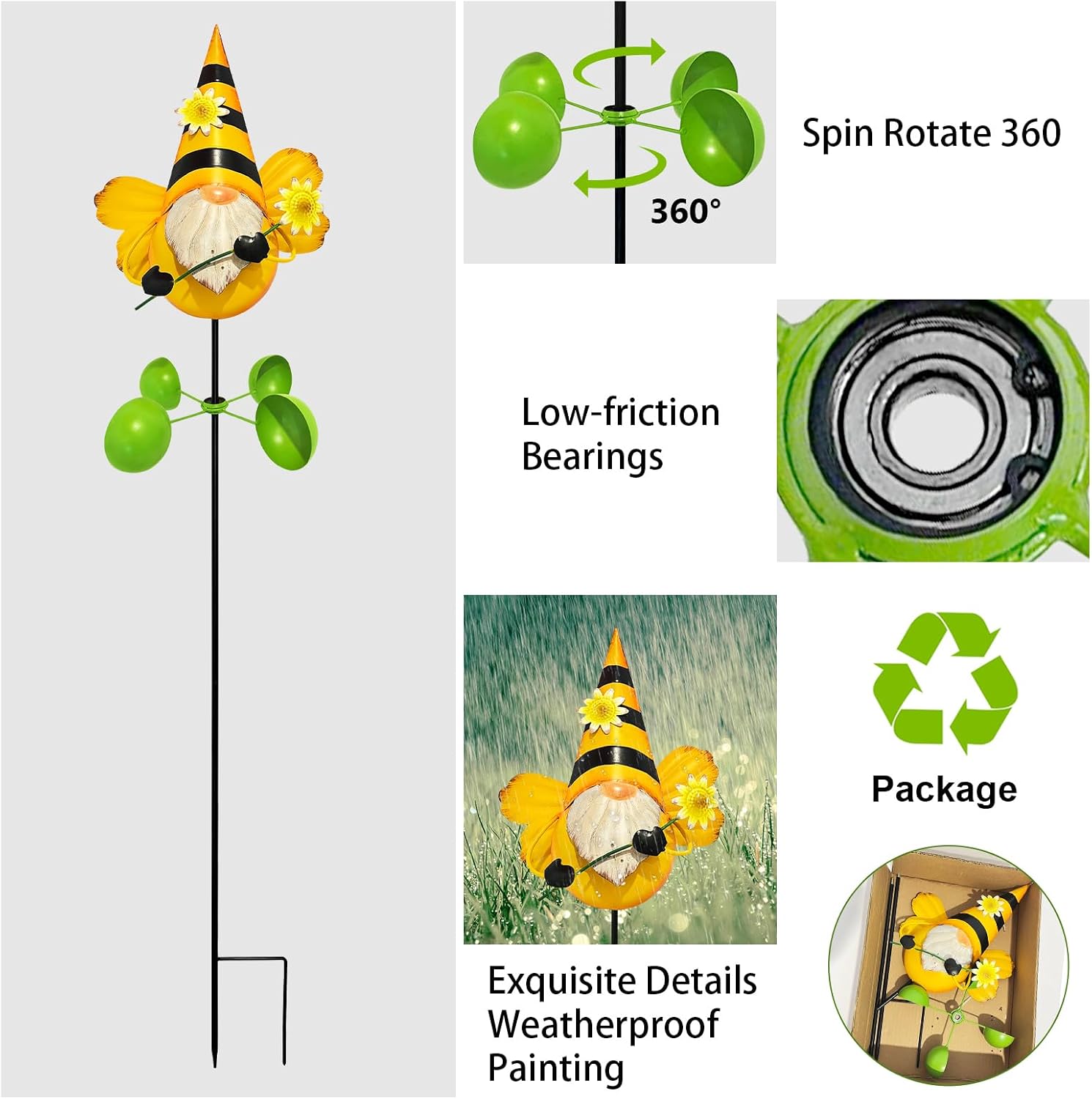 Gnome Metal Yard Art, Gnomes Garden Statue Outdoor Decor, 48 inch Gnome Decorations 360 Degrees Swivel Wind Spinner for Outdoor Patio Garden Backyard Décor - Bee