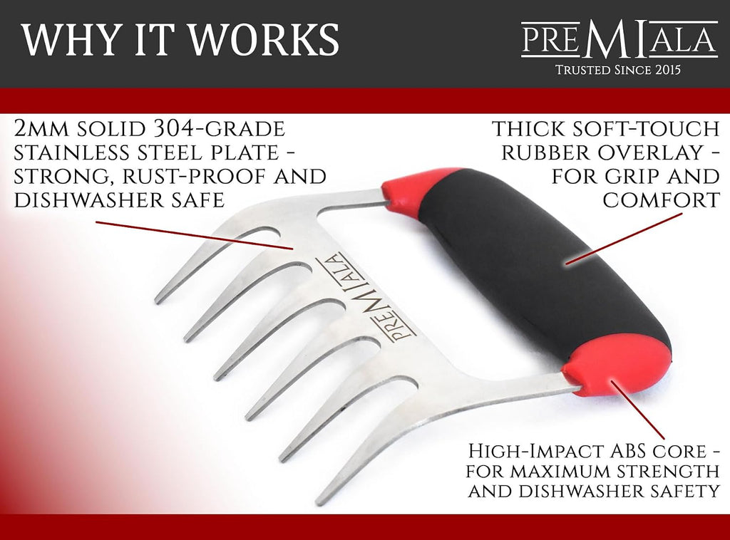 Meat Claws Stainless Steel - Premium high-grip soft-touch rubber handles for ultimate comfort! 100% dishwasher safe, shreds Pulled Pork and BBQ Meat effortlessly!