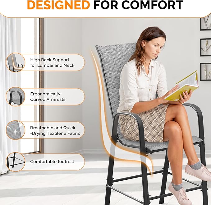 VINGLI Set of 4 Stackable Outdoor Bar Stools – Sling Chairs with High Back & Armrests, for Lawn, Garden, Bar, Grey