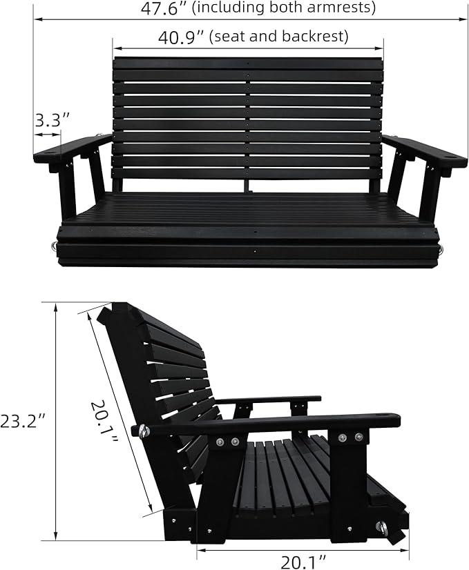 HDPE Porch Swing with 18/8 Stainless Steel Bolts, Ergonomic Design, Ultra Weather-Resistant, Heavy Duty 1200 LBS, for Outdoor Patio Garden Yard (Darknight Black)