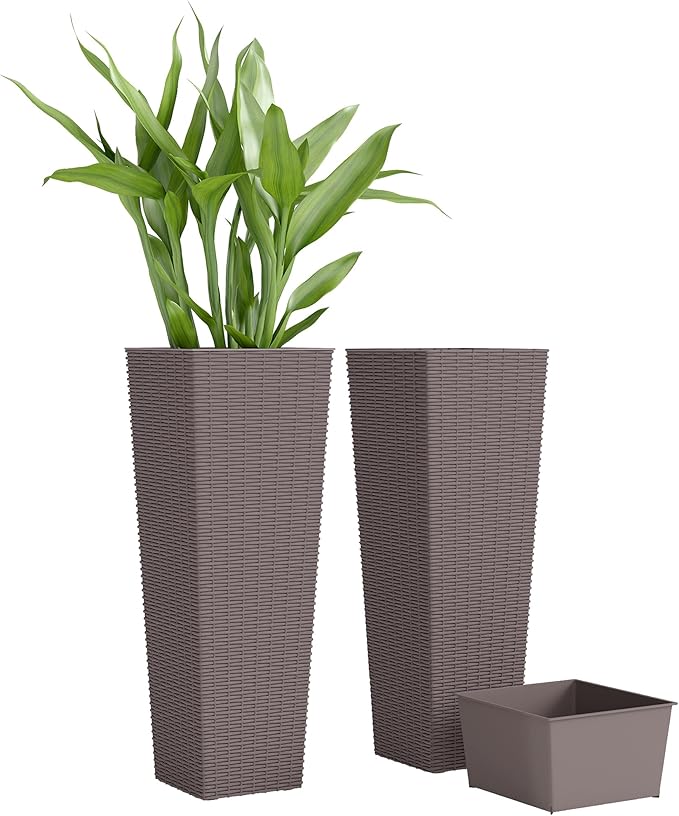 Outsunny 32 Inch Tall Planters for Outdoor Plants, Set of 2 Plastic Rattan-Like Flower Pots with Drainage Holes, Stackable Tapered Planters for Indoor Plants, Front Porch, Brown