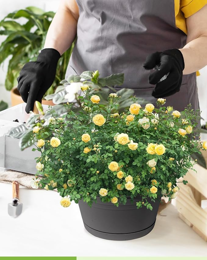VIDELLY 4 Pcs Hanging Planters,10" Hanging Pots Plastic Hanging Flower Plant Basket with Drainage Trays & Chain Holder for Outdoor Indoor Plants Garden Balcony Decoration, Dark Gray